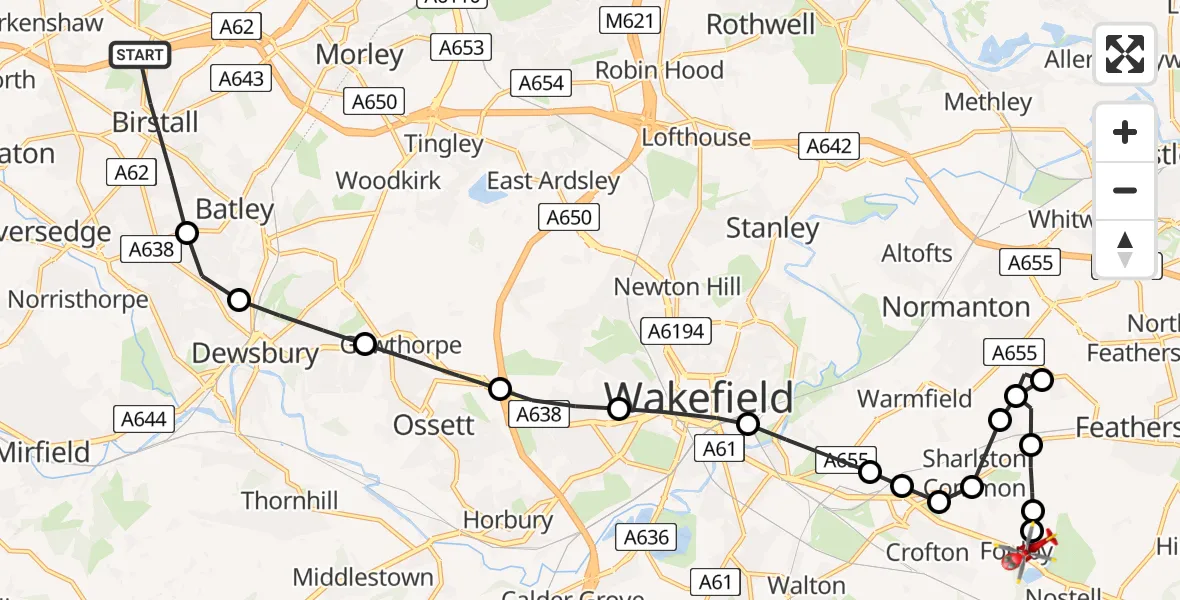 Flight route Air Ambulance Helicopter Birstall - YAA Nostell Helicopter Port, 03 March 2026, 09:43
