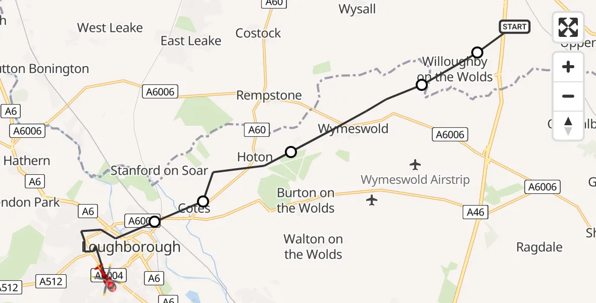 Flight route Air Ambulance Helicopter Rushcliffe - Loughborough, 03 March 2026, 09:51