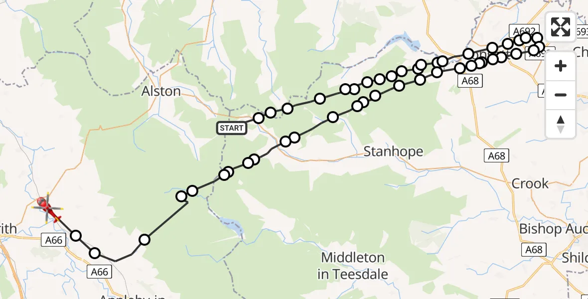 Flight route Air Ambulance Helicopter Alston Moor - Langwathby, 03 March 2026, 10:17