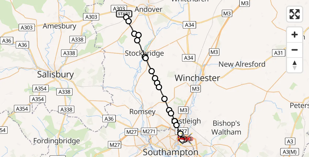 Flight route Air Ambulance Helicopter Amport - Eastleigh, 03 March 2026, 10:21