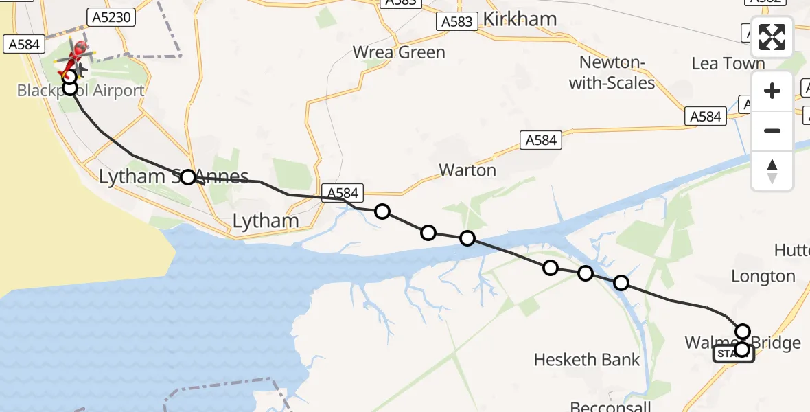 Routekaart van de vlucht: Air Ambulance Helicopter to Blackpool Airport
