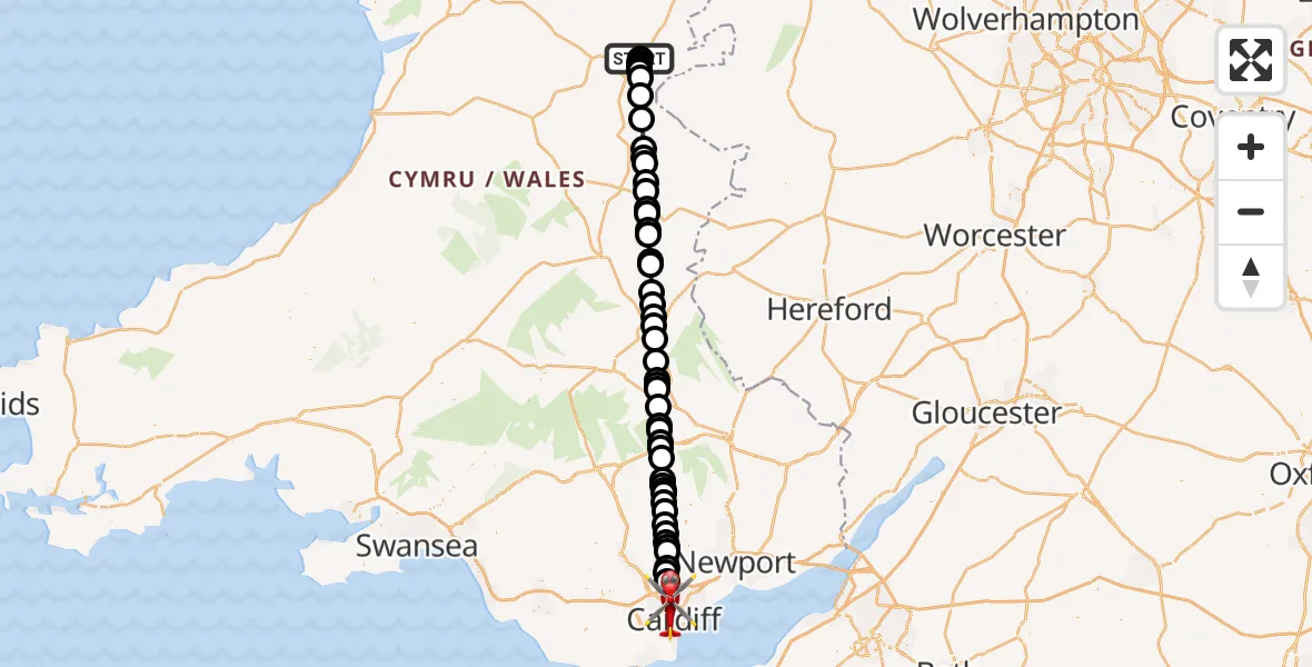 Flight route Air Ambulance Helicopter Newtown - Cardiff, 03 March 2026, 10:24