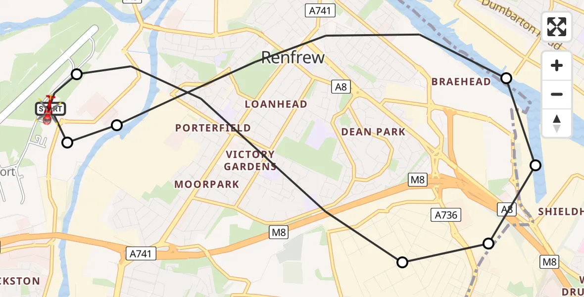 Flight path map showing Air Ambulance Helicopter route from Glasgow Airport to Glasgow Airport