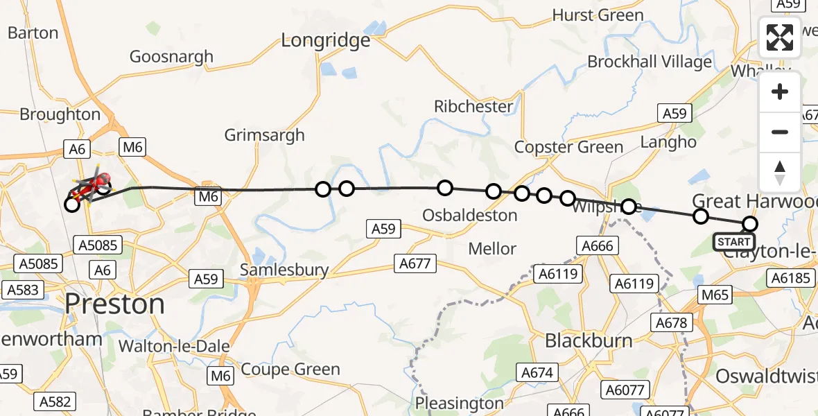 Flight route Air Ambulance Helicopter Rishton - Preston, 03 March 2026, 10:34