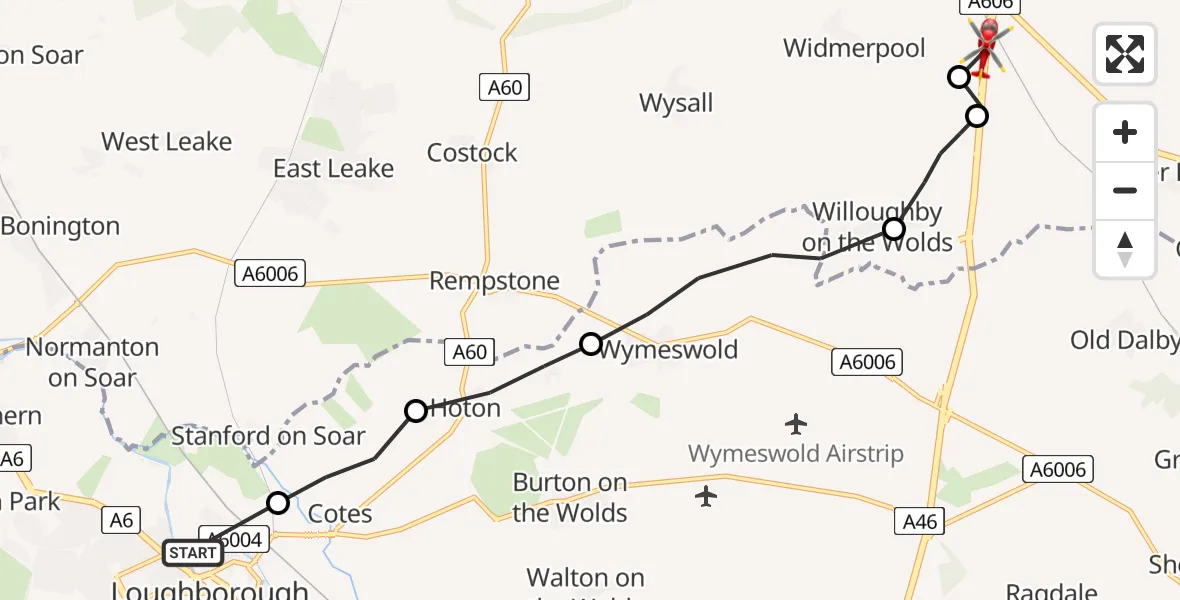Flight route Air Ambulance Helicopter Loughborough - Widmerpool, 03 March 2026, 10:52