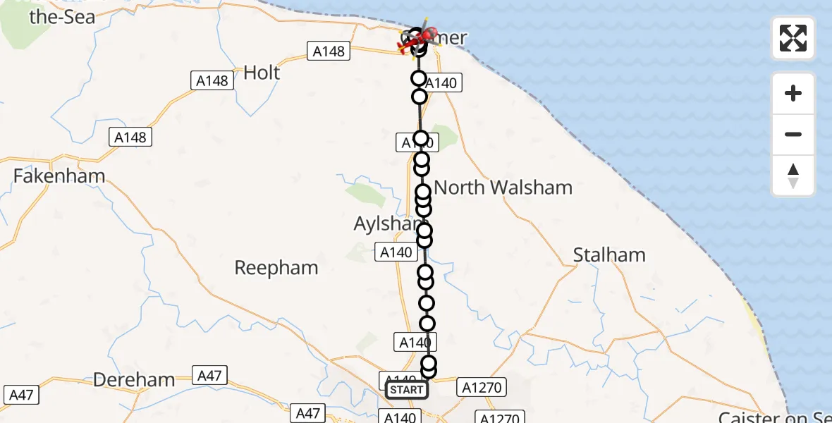 Flight route Air Ambulance Helicopter Norwich Airport - East Runton, 03 March 2026, 10:53