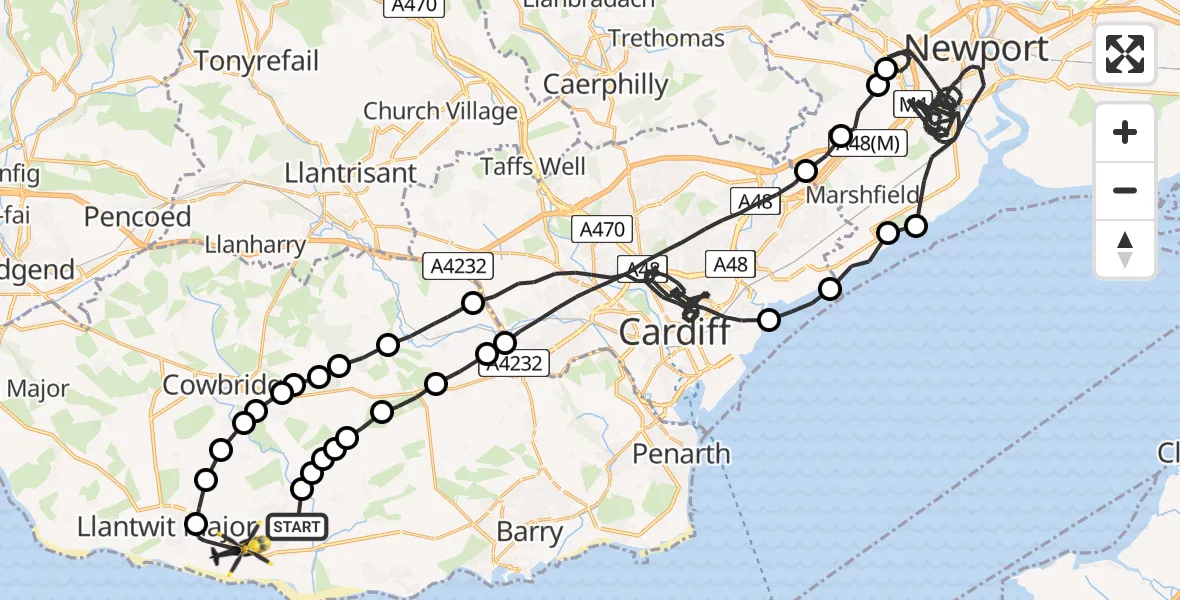 Flight route Police Helicopter Flemingston - MOD St Athan, 03 March 2026, 11:00