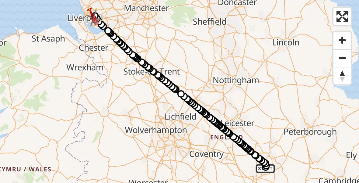 Flight route Air Ambulance Helicopter Sywell Aerodrome - Liverpool, 03 March 2026, 11:06