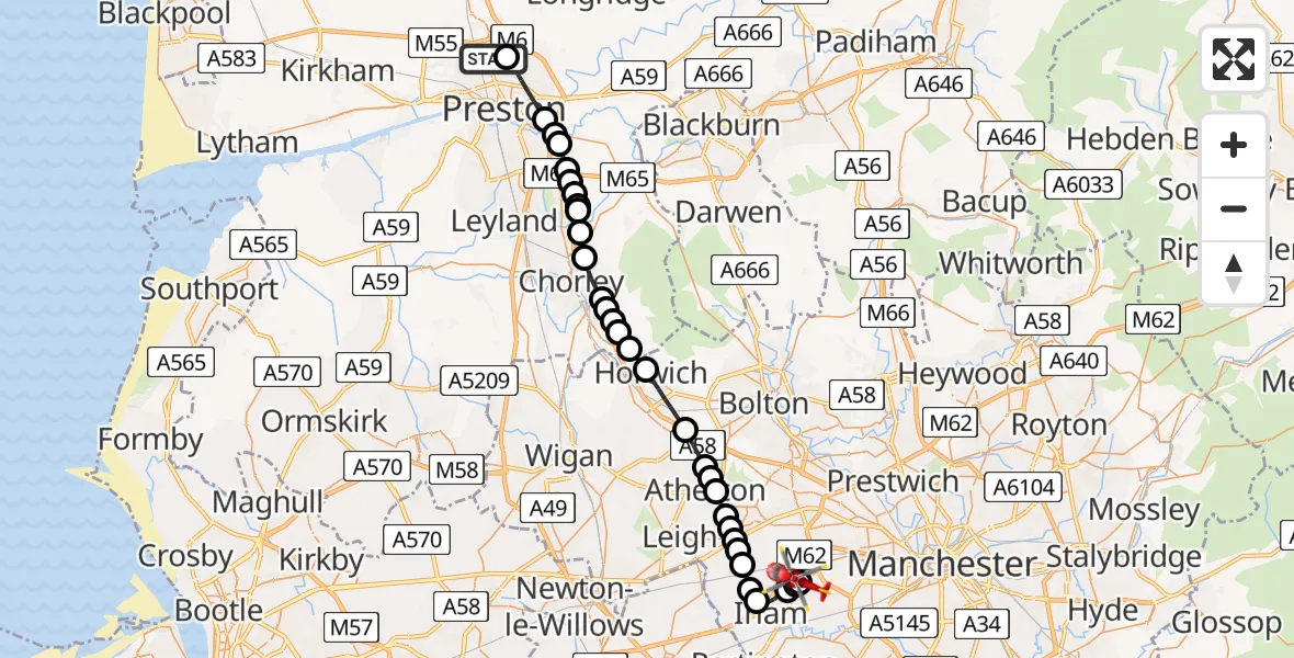 Flight route Air Ambulance Helicopter Royal Preston - Manchester Barton Aerodrome, 03 March 2026, 11:13