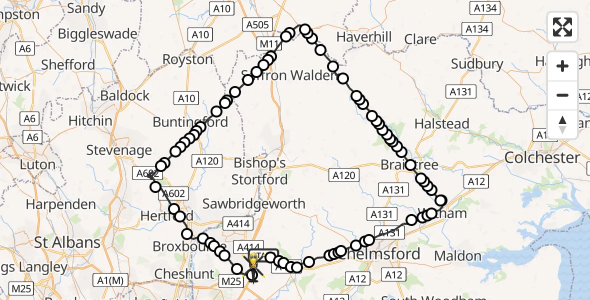 Flight path map showing Police Helicopter route from North Weald Bassett to North Weald Bassett