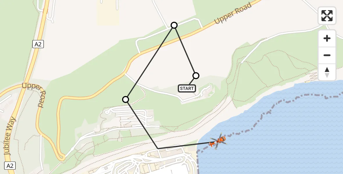Flight path map showing Coastguard Helicopter route from Langdon Battery Heliport to Dover