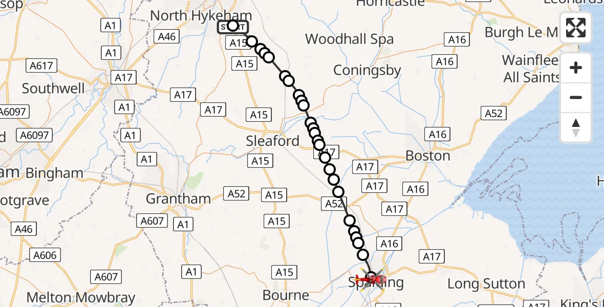 Flight route Air Ambulance Helicopter RAF Waddington - Spalding, 03 March 2026, 11:46