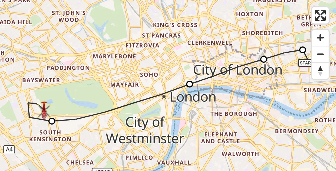 Flight route Air Ambulance Helicopter Royal London Hospital - Royal Borough of Kensington and Chelsea, 03 March 2026, 11:56