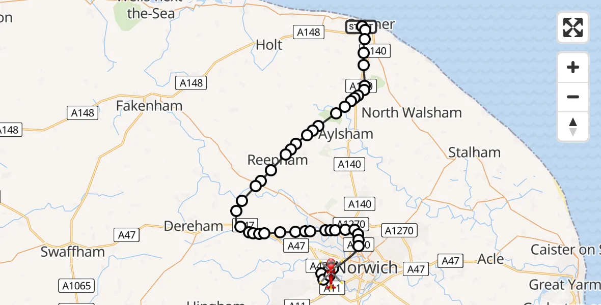Routekaart van de vlucht: Air Ambulance Helicopter to Norfolk & Norwich Hospital