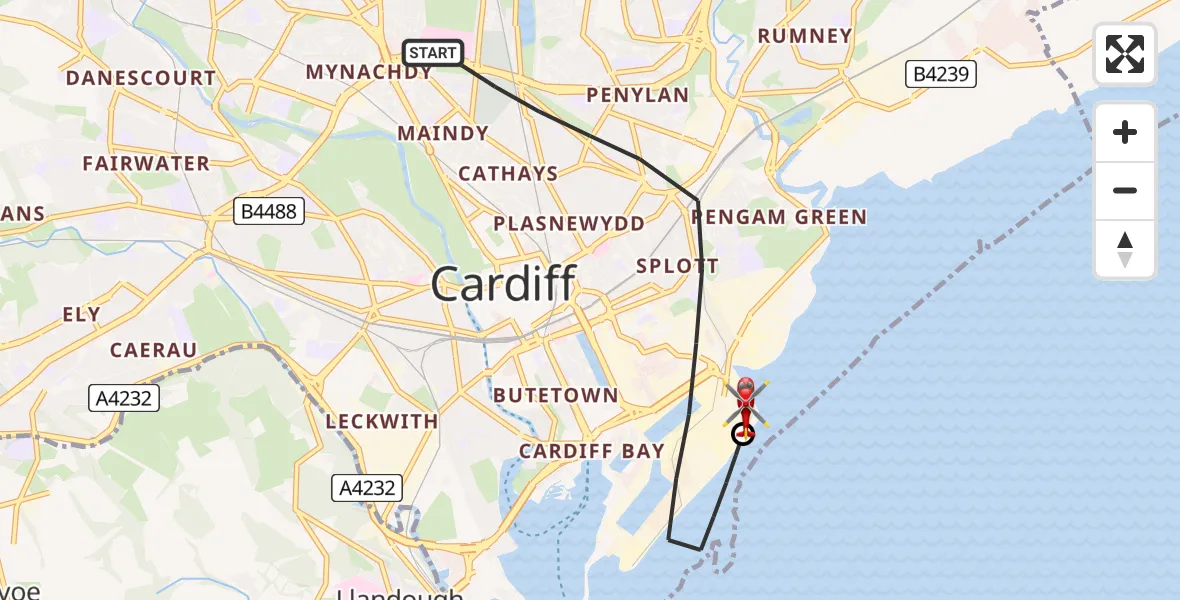 Flight route Air Ambulance Helicopter Cardiff - Cardiff Heliport, 03 March 2026, 12:13