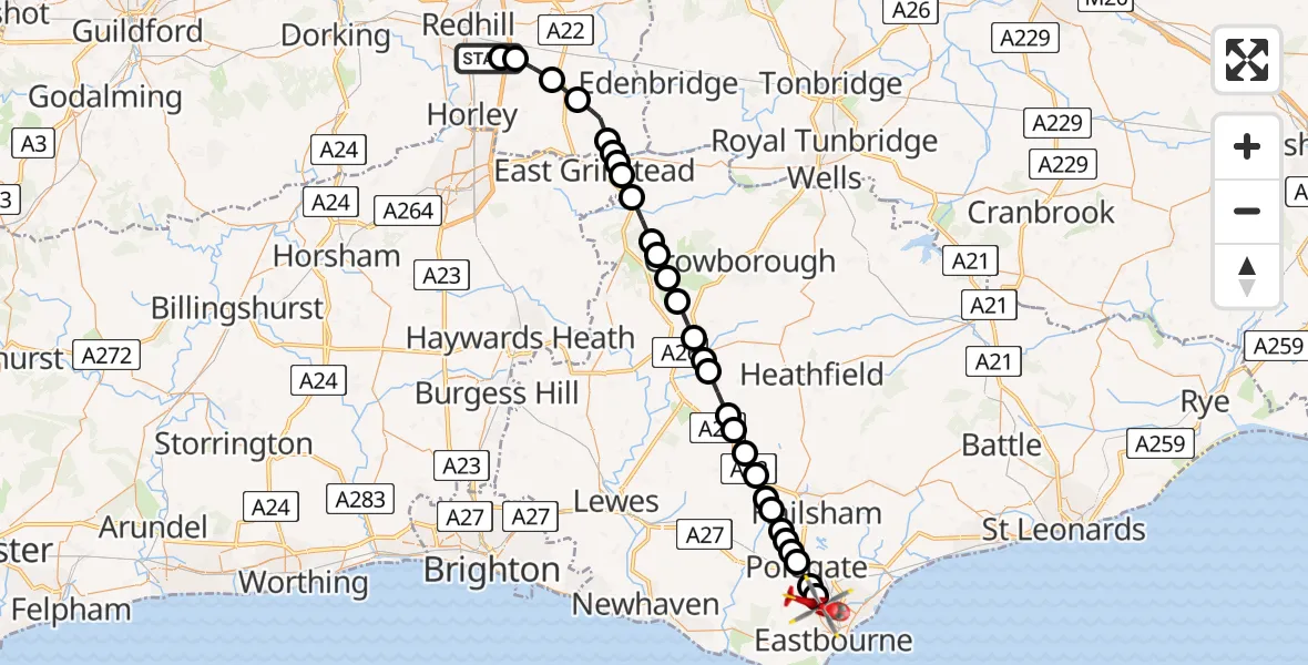Flight route Air Ambulance Helicopter Redhill Aerodrome - Eastbourne, 03 March 2026, 12:17