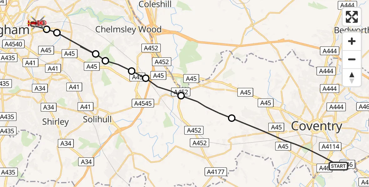 Flight route Air Ambulance Helicopter Coventry - Saltley, 03 March 2026, 12:21