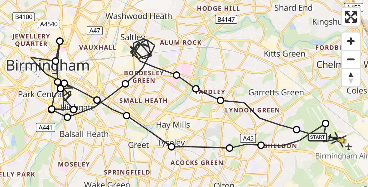 Flight route Police Helicopter Birmingham Airport - Birmingham Airport, 03 March 2026, 12:29