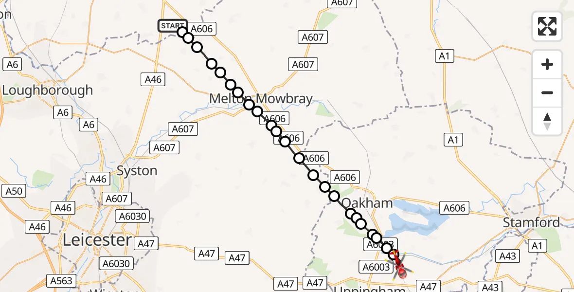 Flight path map showing Air Ambulance Helicopter route from Rushcliffe to Wing