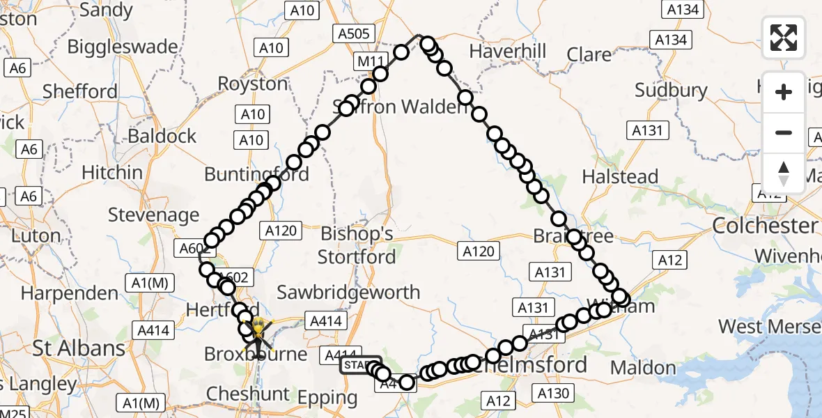 Routekaart van de vlucht: Police Helicopter to Hoddesdon, Brookside
