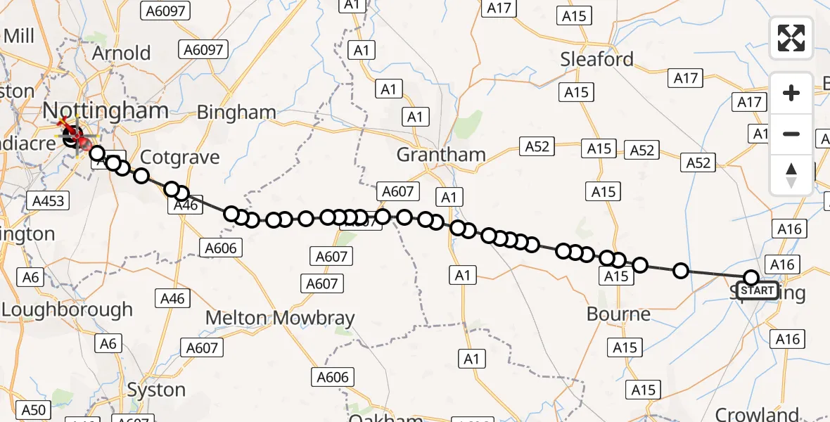 Routekaart van de vlucht: Air Ambulance Helicopter to City of Nottingham, University Boulevard