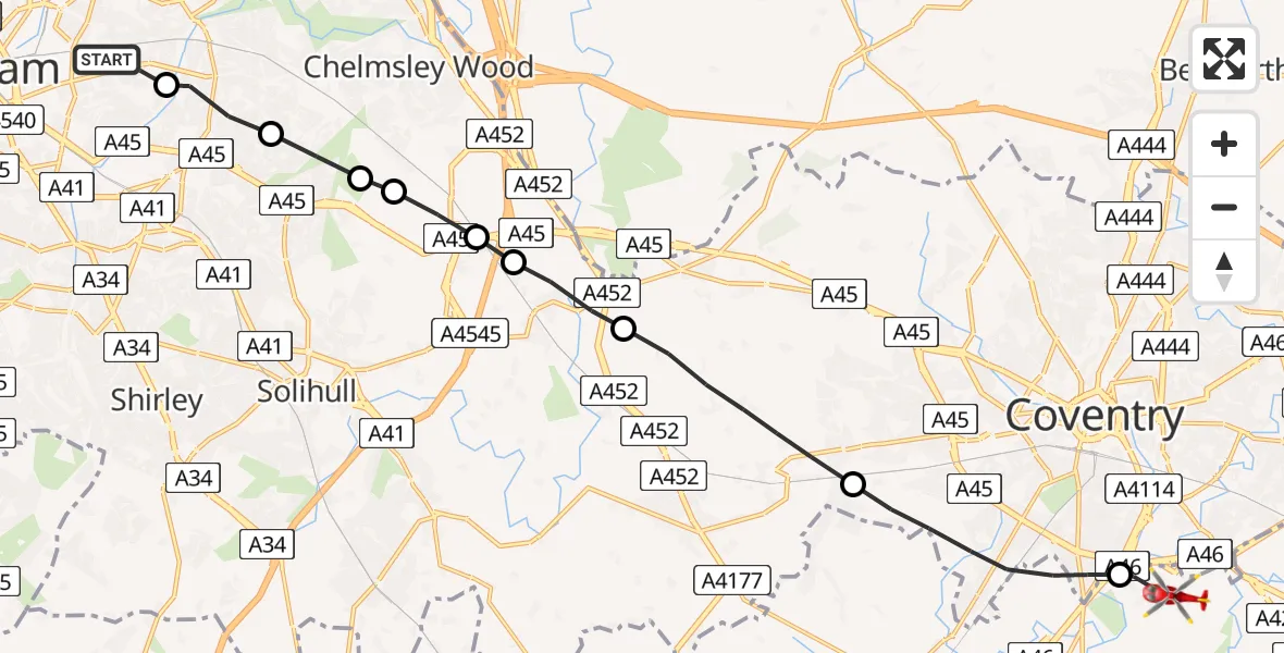 Routekaart van de vlucht: Air Ambulance Helicopter to Coventry Airport