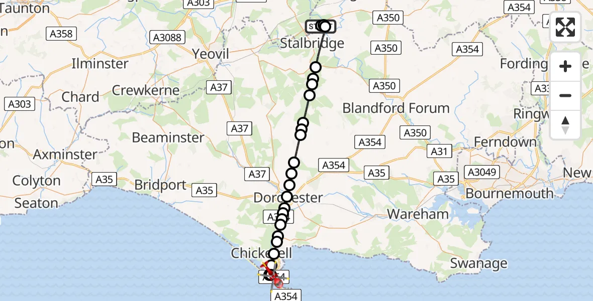 Flight path map showing Air Ambulance Helicopter route from Henstridge Airfield to Wyke Regis
