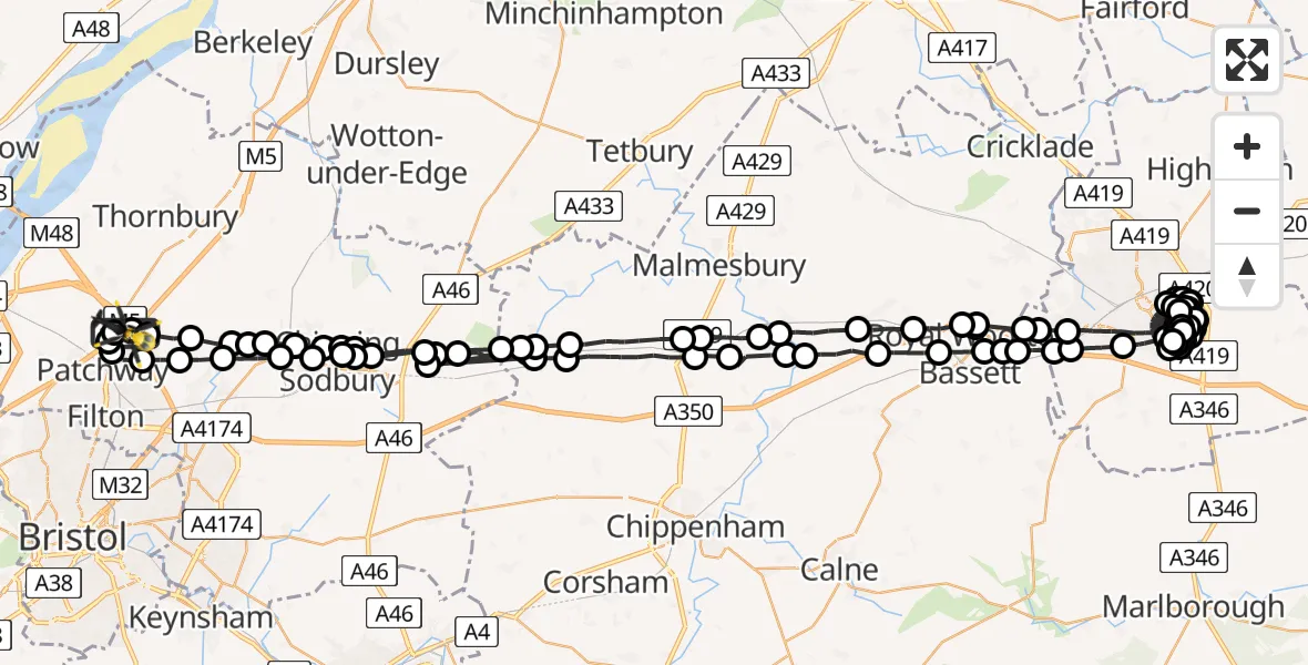 Flight path map showing Police Helicopter route from Almondsbury Helicopter Base to Almondsbury Helicopter Base