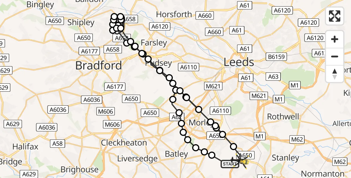 Flight route Police Helicopter Woodkirk - East Ardsley, 03 March 2026, 13:19