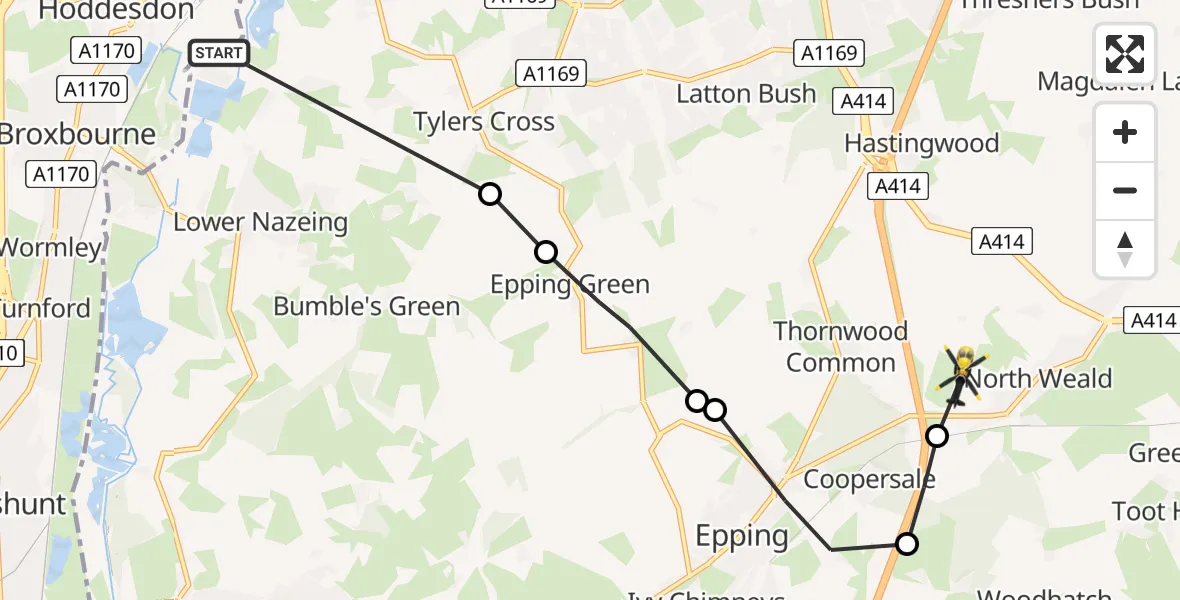 Flight route Police Helicopter Hoddesdon - North Weald Airfield, 03 March 2026, 13:25