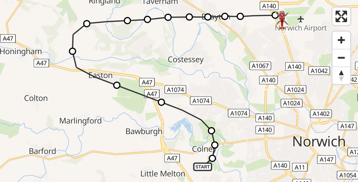 Flight path map showing Air Ambulance Helicopter route from Norfolk & Norwich Hospital to Norwich Airport