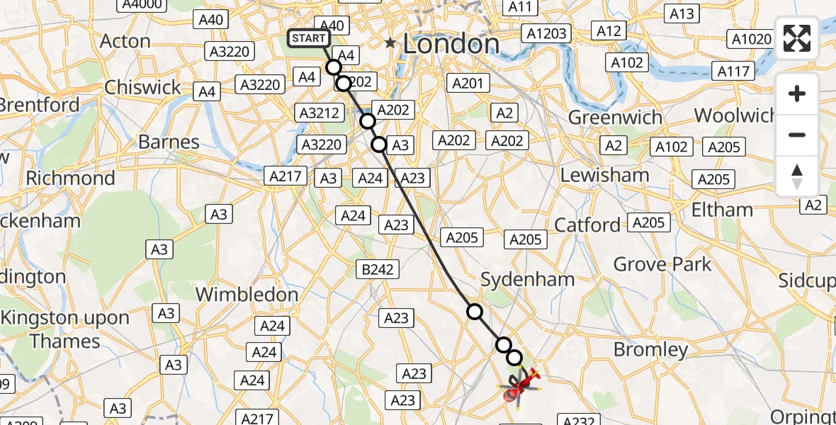 Flight route Air Ambulance Helicopter City of Westminster - London Borough of Croydon, 03 March 2026, 13:38