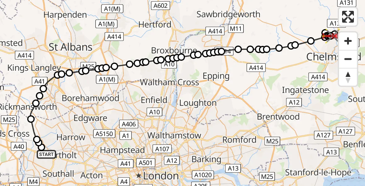 Flight path map showing Air Ambulance Helicopter route from RAF Northolt to Broomfield Hospital