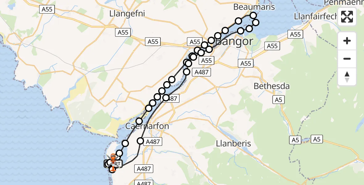 Flight path map showing Coastguard Helicopter route from Caernarfon Airport to Caernarfon Airport