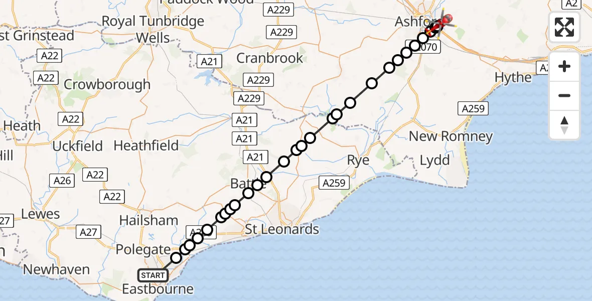 Flight route Air Ambulance Helicopter Eastbourne - Hinxhill, 03 March 2026, 14:03