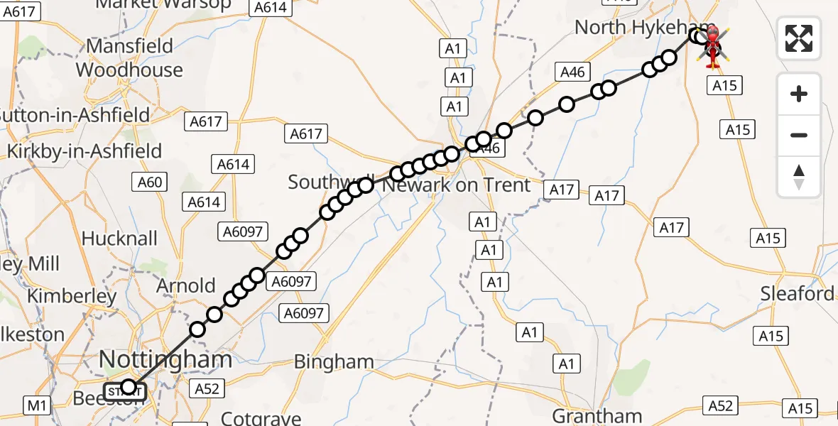 Flight path map showing Air Ambulance Helicopter route from Beeston to North Kesteven