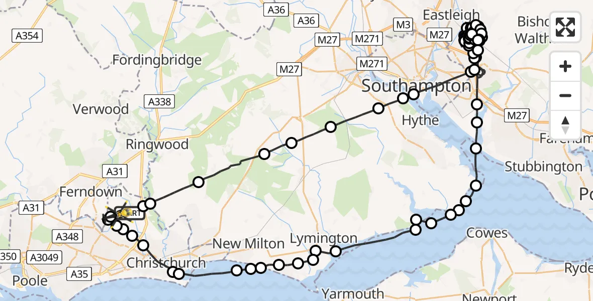 Flight route Police Helicopter Bournemouth Airport - Bournemouth Airport, 03 March 2026, 14:09