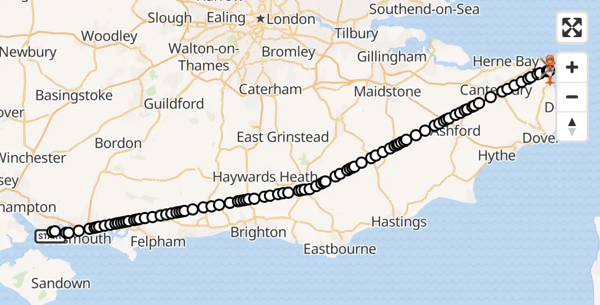 Flight path map showing Coastguard Helicopter route from Solent Airport to Manston Airport