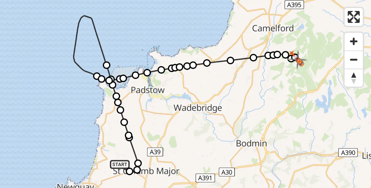 Flight route Coastguard Helicopter Cornwall Airport Newquay - St. Breward, 03 March 2026, 14:29
