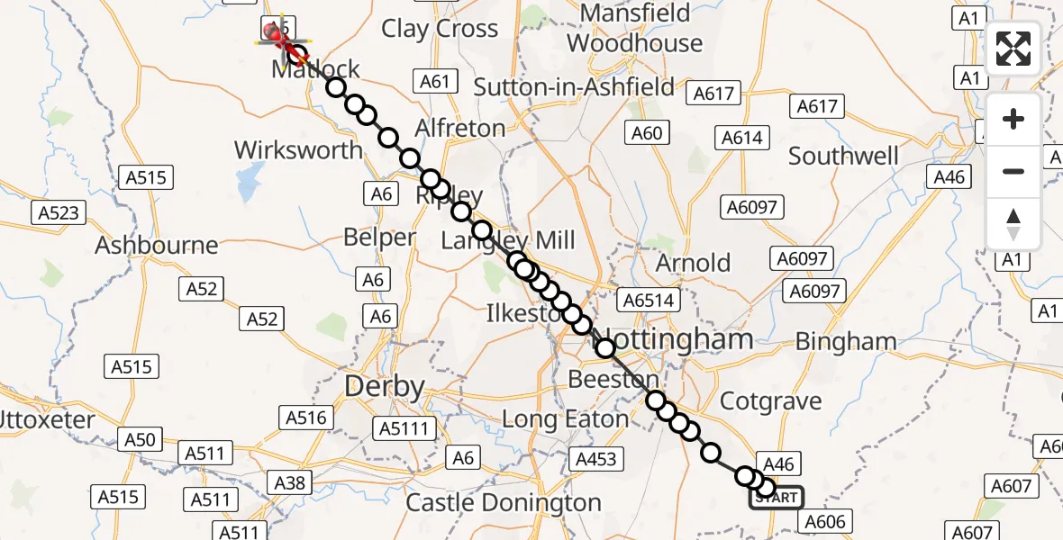 Routekaart van de vlucht: Air Ambulance Helicopter to Darley Bridge, Aston Lane