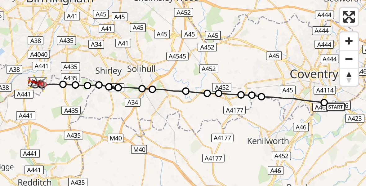 Flight route Air Ambulance Helicopter Coventry Airport - Hawkesley, 03 March 2026, 14:35
