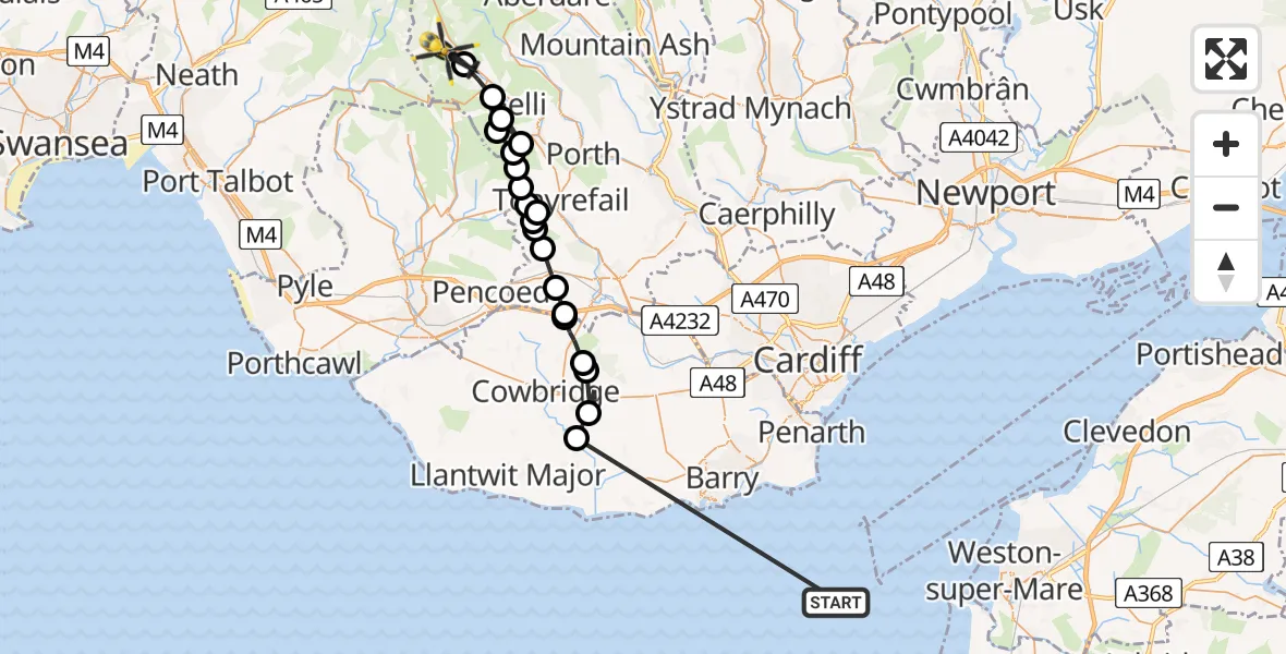 Routekaart van de vlucht: Police Helicopter to Treherbert, Gwendoline Street