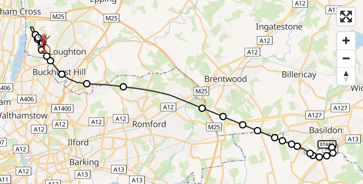 Routekaart van de vlucht: Air Ambulance Helicopter to Metropolitan Police Air Support Unit Lippitts Hill