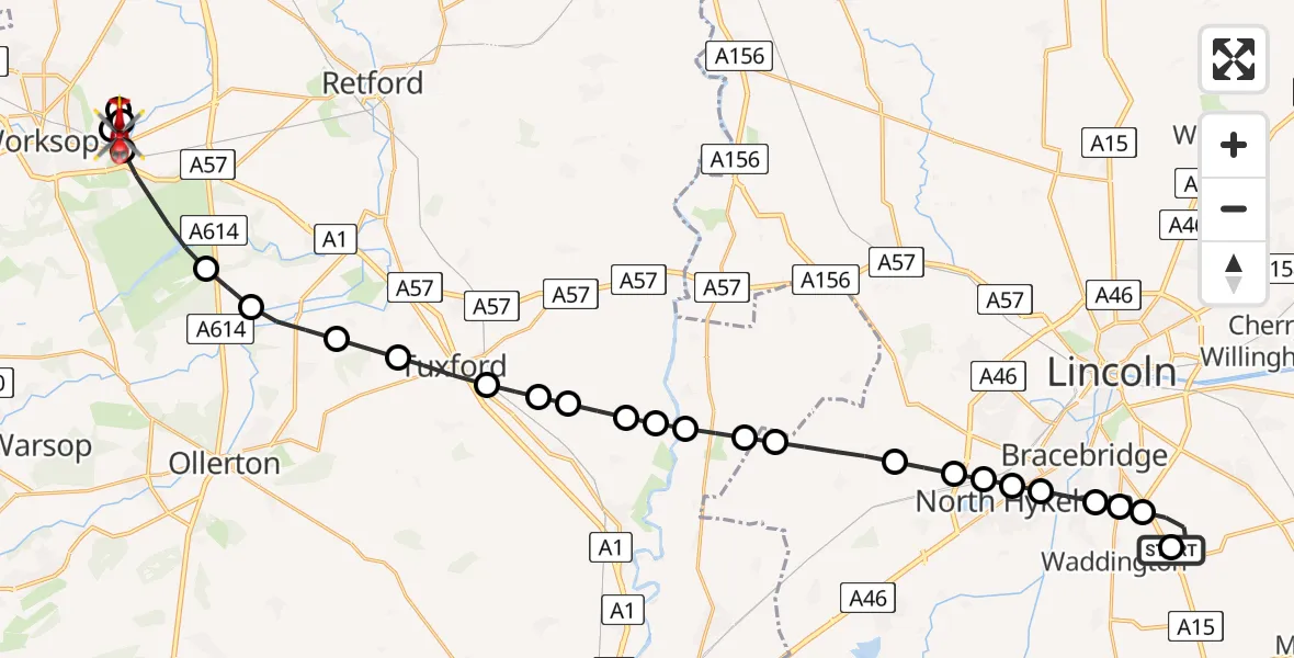Flight route Air Ambulance Helicopter RAF Waddington - Worksop, 03 March 2026, 14:54