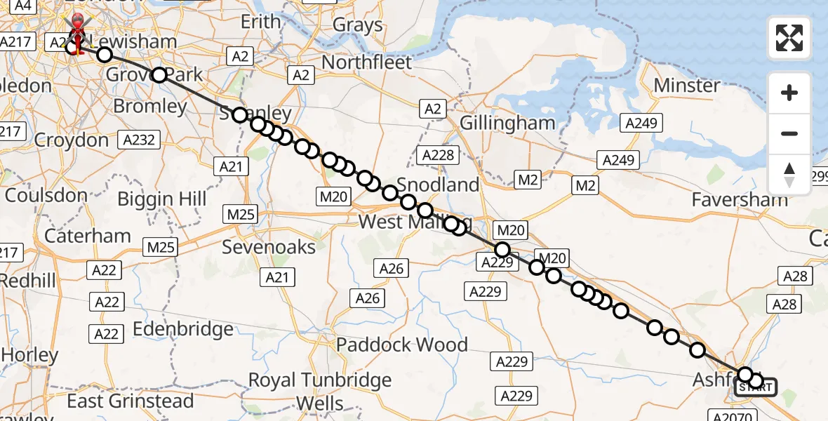 Flight route Air Ambulance Helicopter Sevington - Kings College London Hospital, 03 March 2026, 15:02