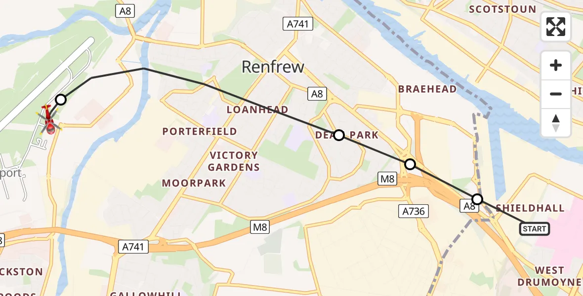 Flight route Air Ambulance Helicopter Queen Elizabeth Hospital - Glasgow Airport, 03 March 2026, 15:02