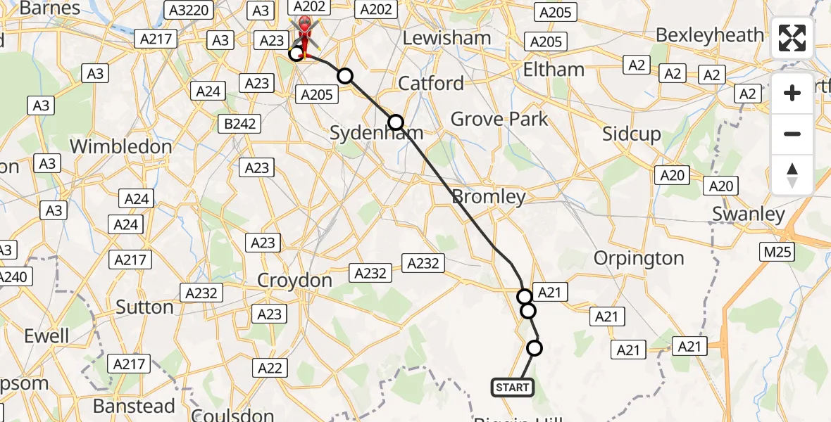 Flight route Air Ambulance Helicopter London Biggin Hill Airport - London Borough of Lambeth, 03 March 2026, 15:24