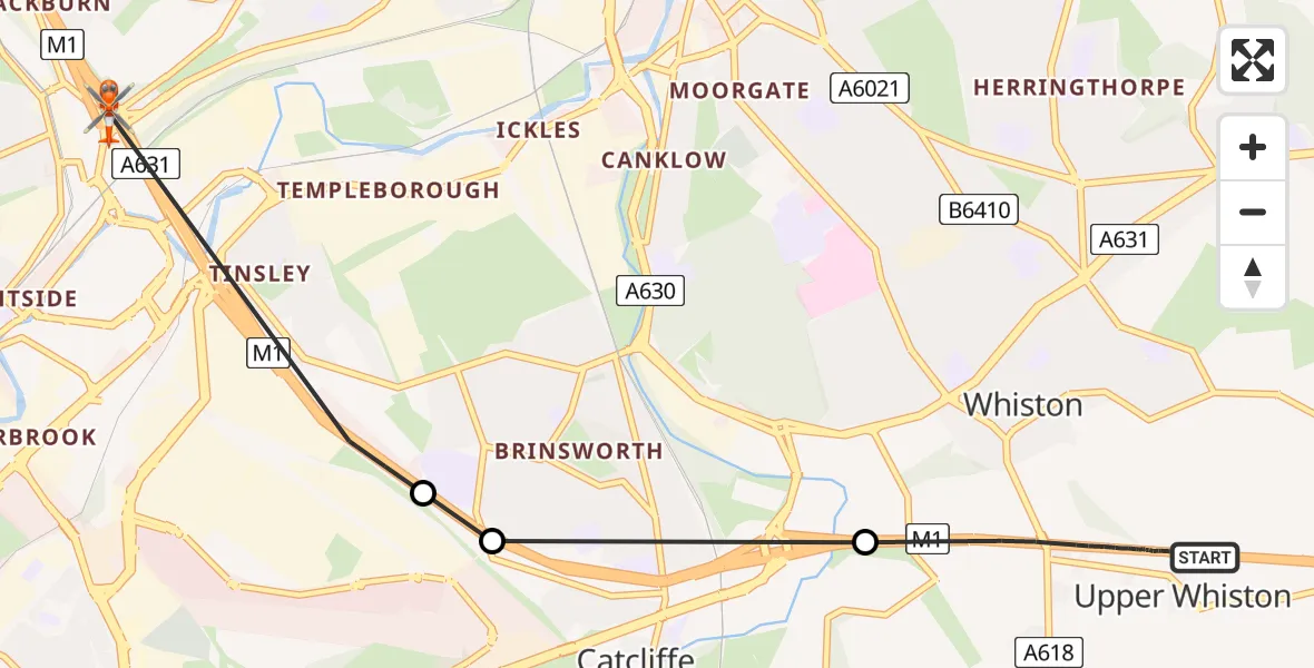 Routekaart van de vlucht: Coastguard Helicopter to Sheffield, M1