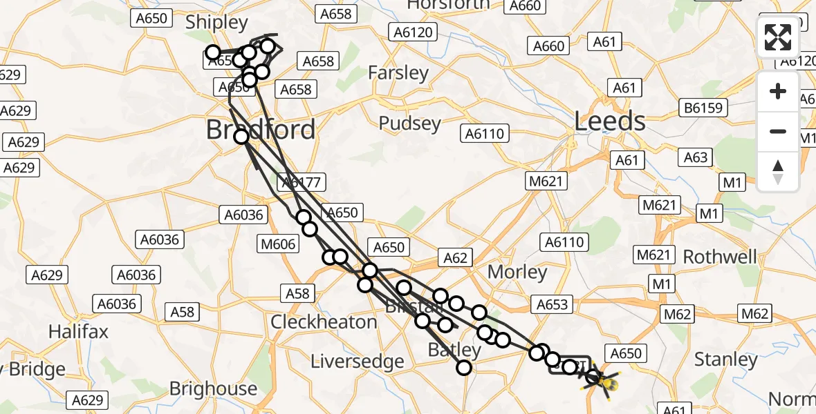 Flight route Police Helicopter Woodkirk - East Ardsley, 03 March 2026, 15:32