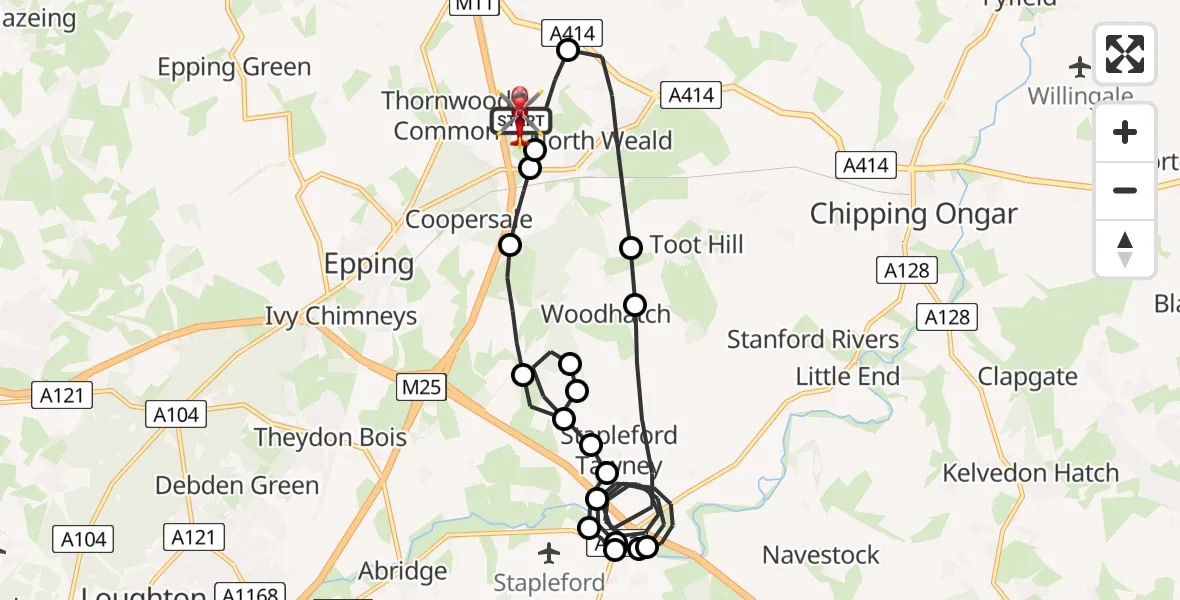 Flight path map showing Air Ambulance Helicopter route from North Weald Airfield to North Weald Airfield